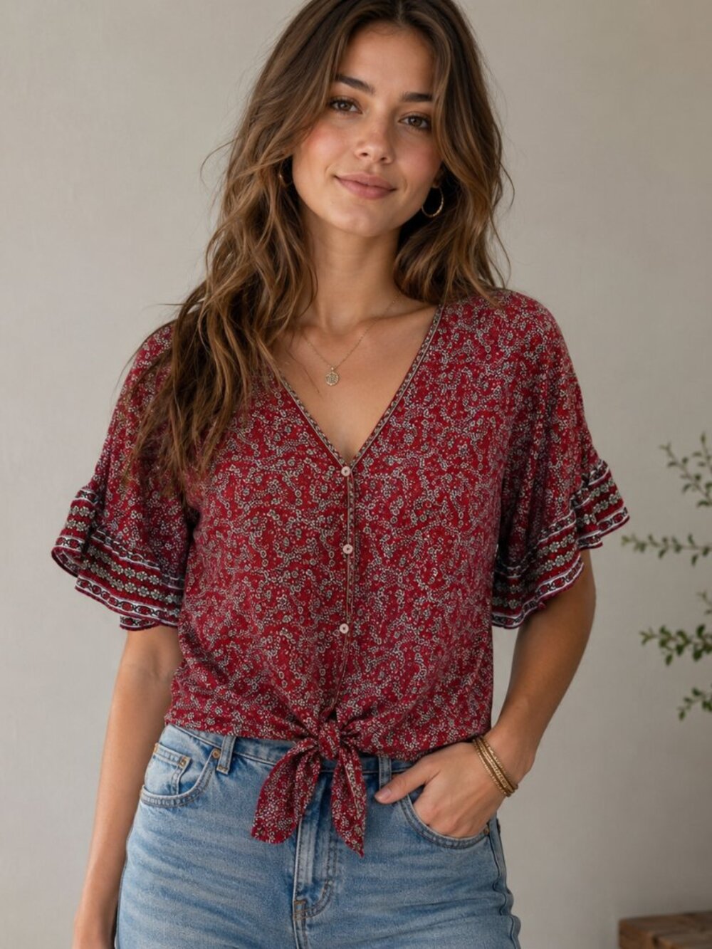 Max Studio‎ Bohemian Tie-Hem V-Neck Crop Top Red White Small Flower Print XS